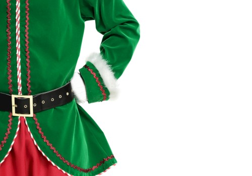 The image shows a person dressed in a green Christmas elf costume with red and white accents, red pants, and a black belt with a gold buckle.