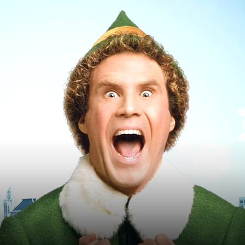 A man dressed as an elf with a surprised or excited expression on his face, set against a wintery background with snowflakes.
