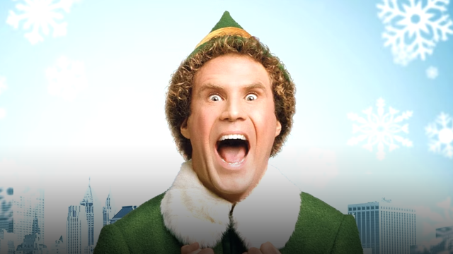 A man dressed as an elf with a surprised or excited expression on his face, set against a wintery background with snowflakes.