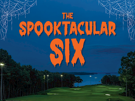 A golf course illuminated at night with Halloween-themed decorations, promoting a glow golf event called 