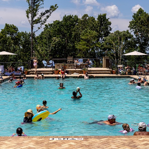 People enjoying a sunny day at a crowded outdoor swimming pool with trees and umbrellas in the background.