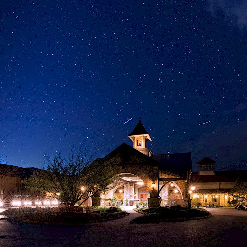 A beautifully lit building under a starry night sky with trees and parked golf carts in a peaceful, illuminated setting.