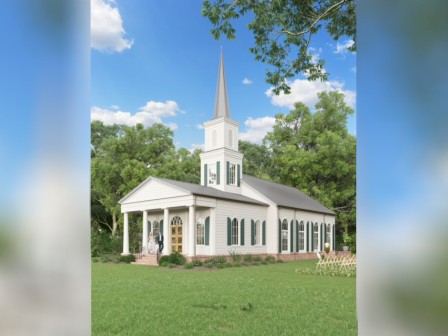 The image shows a white church with a tall steeple, large windows, and a grassy lawn, surrounded by trees under a blue sky with clouds.