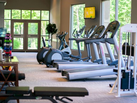 The image shows a gym with treadmills, exercise bikes, a weight machine, and benches, with windows and a TV on the wall.