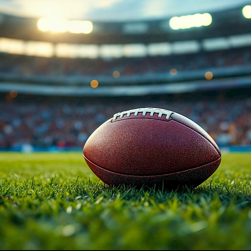 A close-up of an American football resting on the grass on a football field with stadium lights and fans in the blurred background.