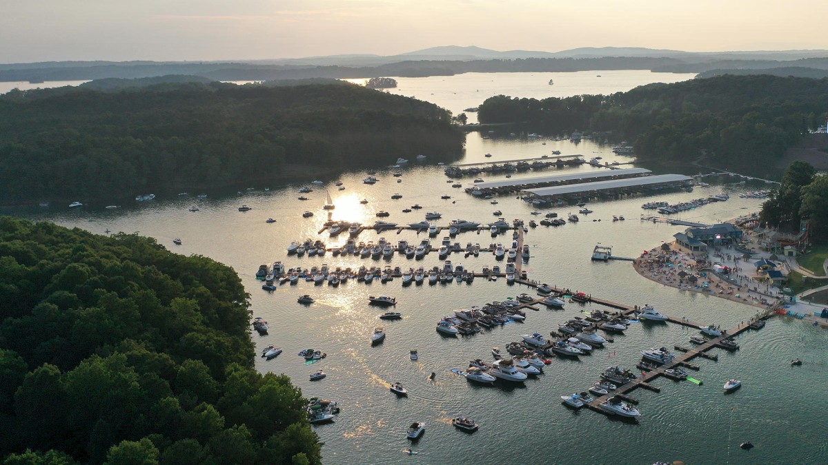 An aerial view of a marina with numerous boats docked on a lake surrounded by forested areas and distant mountains in the background.