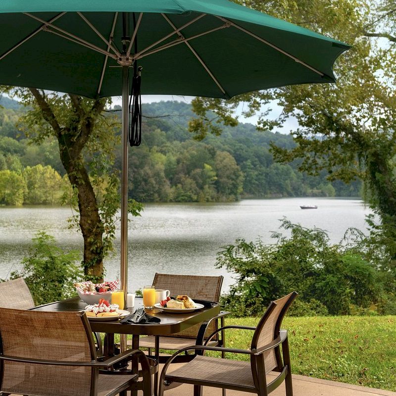 Outdoor dining setup with chairs and a table under a green umbrella, by a lake and surrounded by trees, providing a scenic view.