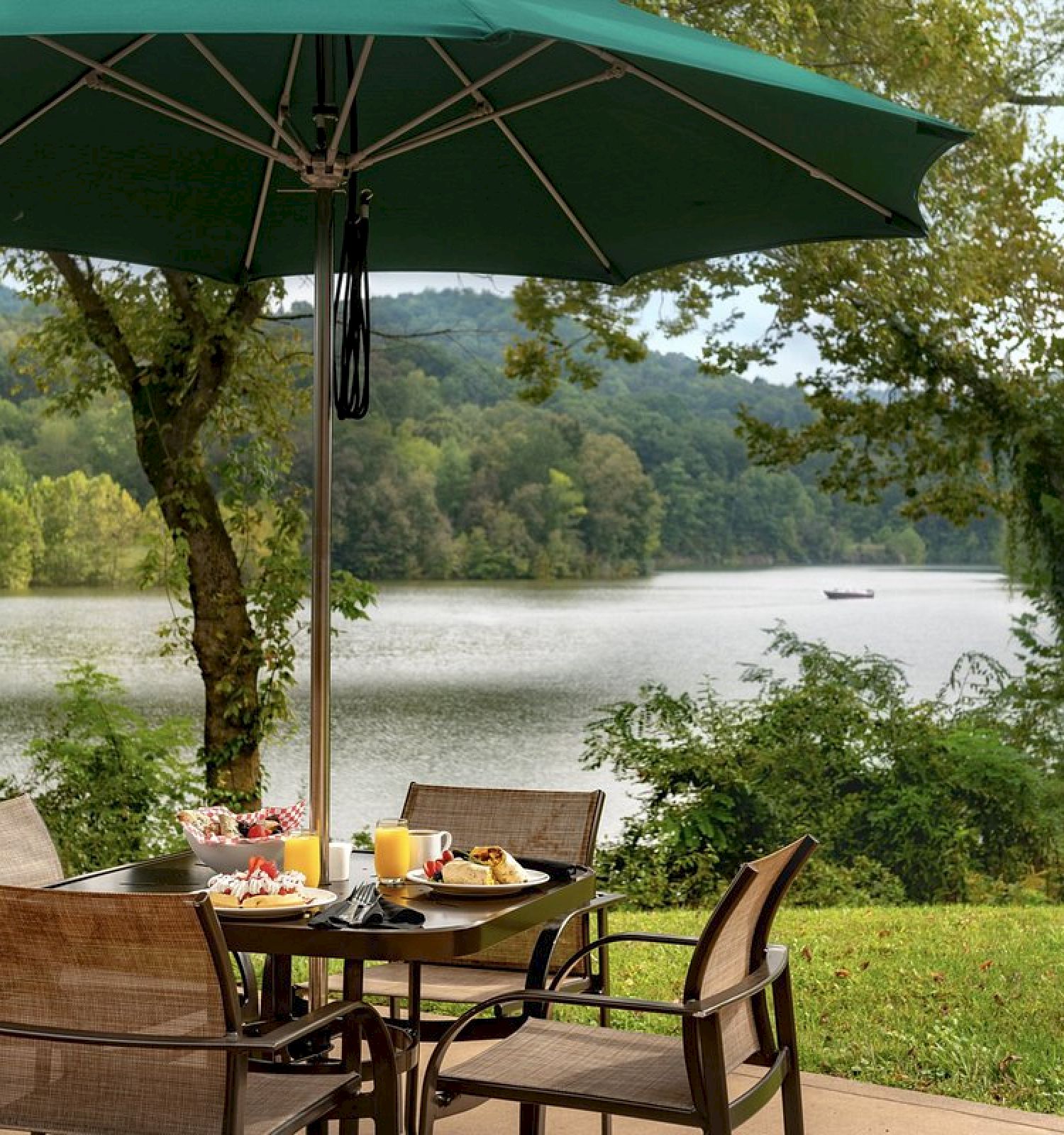 An outdoor dining setup with four chairs and a table under a green umbrella, featuring food and drinks, overlooking a serene lake and green landscape.