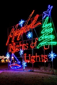 A festive display with illuminated trees and a sign reading 
