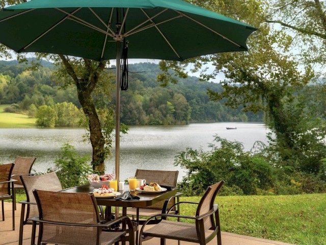 A tranquil outdoor dining setup with a green umbrella, chairs around a table with food, overlooking a serene lake and lush greenery in the background.