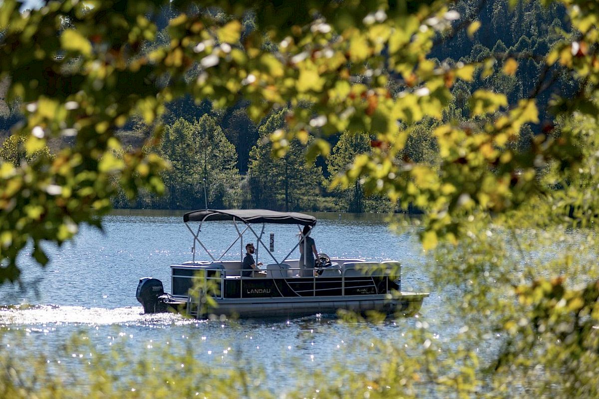 A pontoon boat with people on board is cruising on a lake, framed by green foliage, capturing a serene outdoor setting on a sunny day.